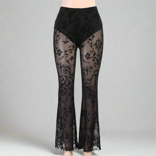 Women's Sheer Floral Lace Flare Pants