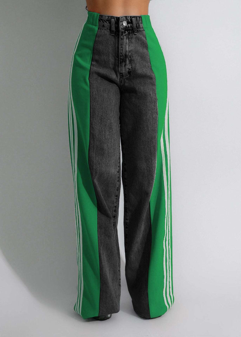 Women's Striped High Waist Straight Leg Denim Pants-black-and-green