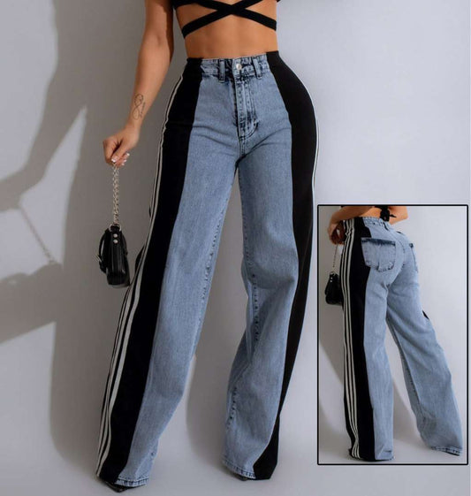 Women's Striped High Waist Straight Leg Denim Pants-black-and-white