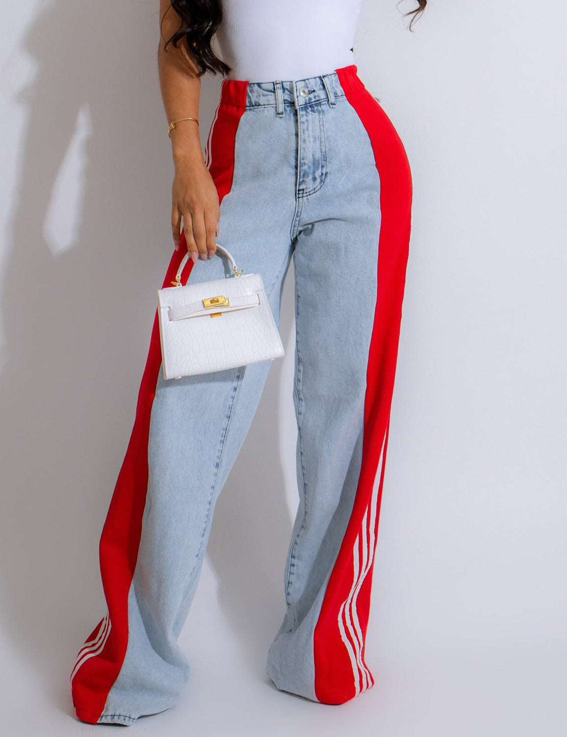 Women's Striped High Waist Straight Leg Denim Pants - Lunacy Deals & Designs