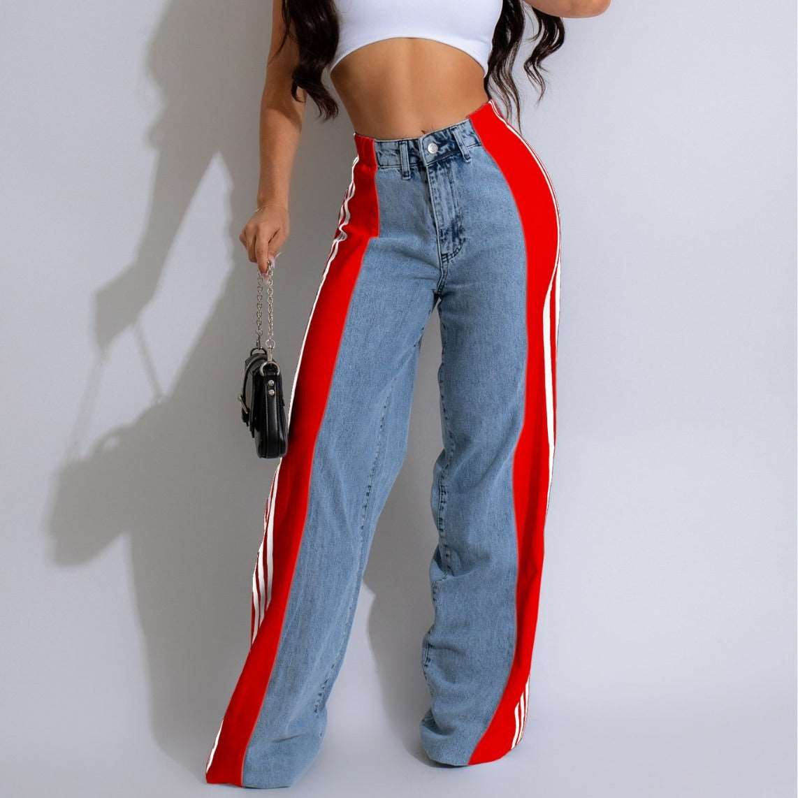 Women's Striped High Waist Straight Leg Denim Pants - Lunacy Deals & Designs