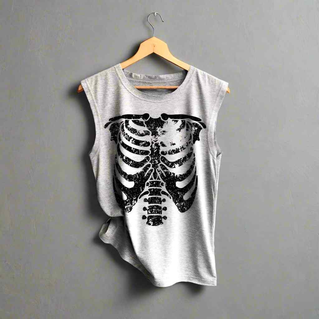 Gray sleeveless shirt with black skeleton design on a hanger against a gray background