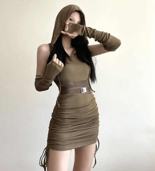 Women's Hooded Ruched Dress with Detached Sleeves - Lunacy Deals & Designs