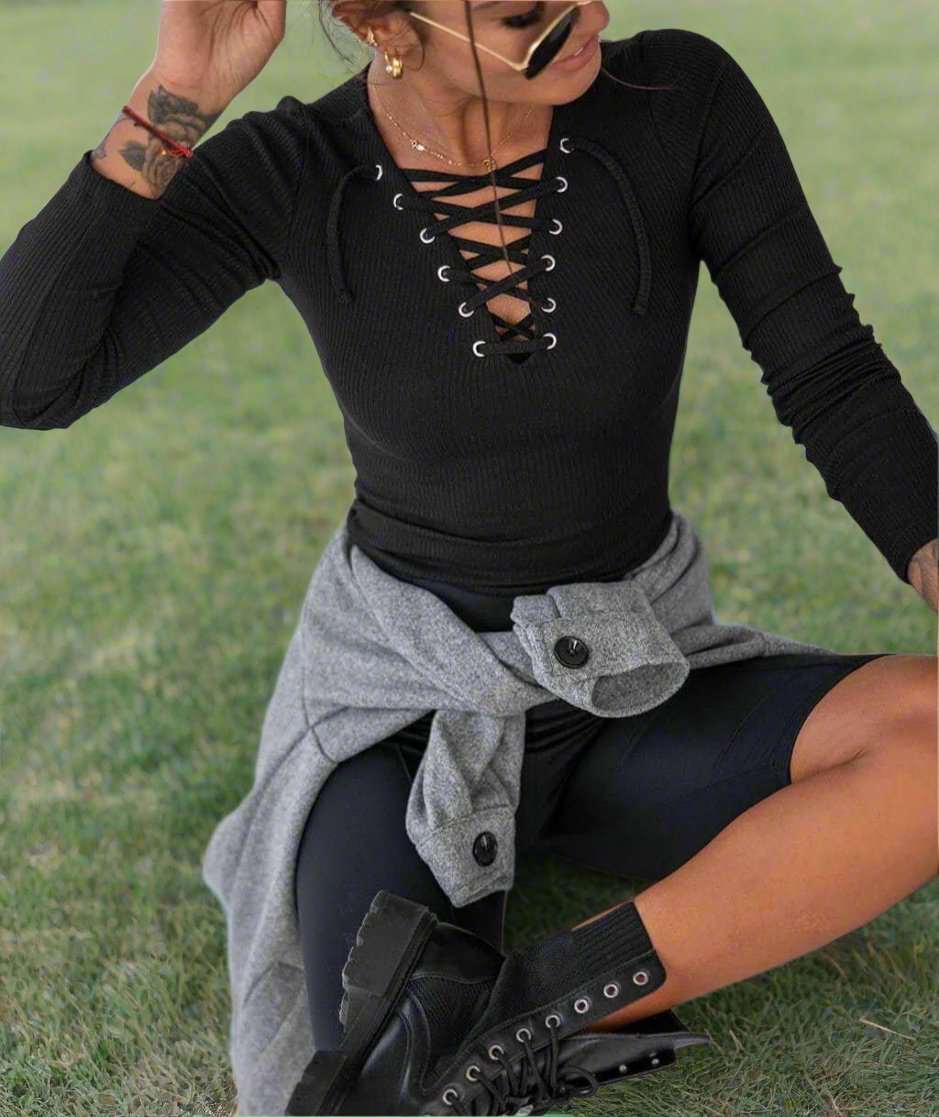 Women's Lace-Up Ribbed Knit Top - Lunacy Deals & Designs