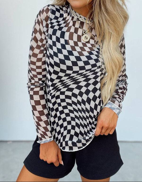 Women's Lightweight Black & White Checkered Long Sleeve Top - Lunacy Deals & Designs
