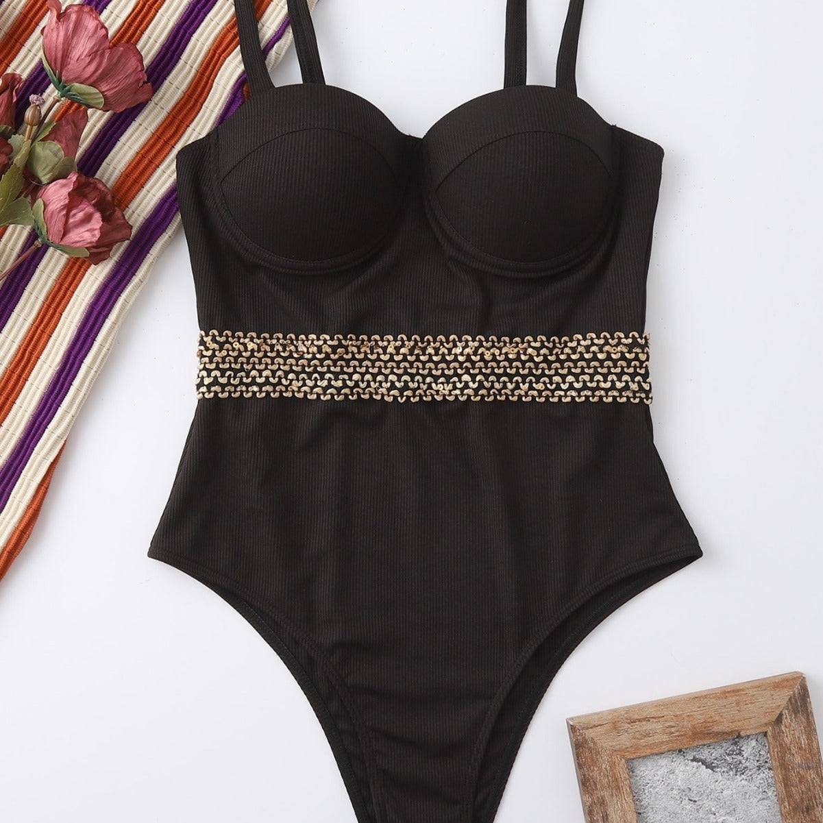One-Piece Gold Band Adjustable Shoulder Strap Swimsuit - Lunacy Deals & Designs