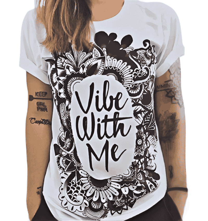White t-shirt with black and white 'Vibe With Me' design on a plain background
