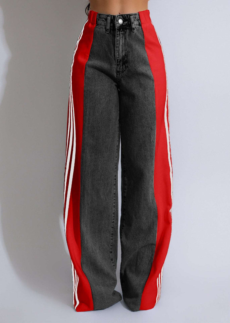 Women's Striped High Waist Straight Leg Denim Pants-black-and-red