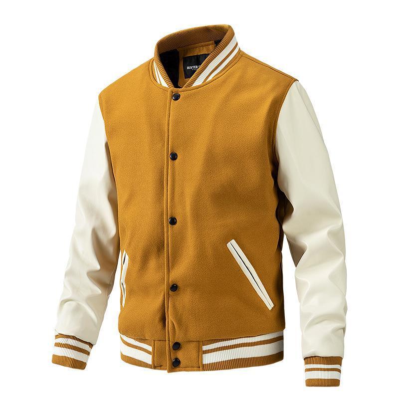 Yellow varsity jacket with white sleeves on a white background