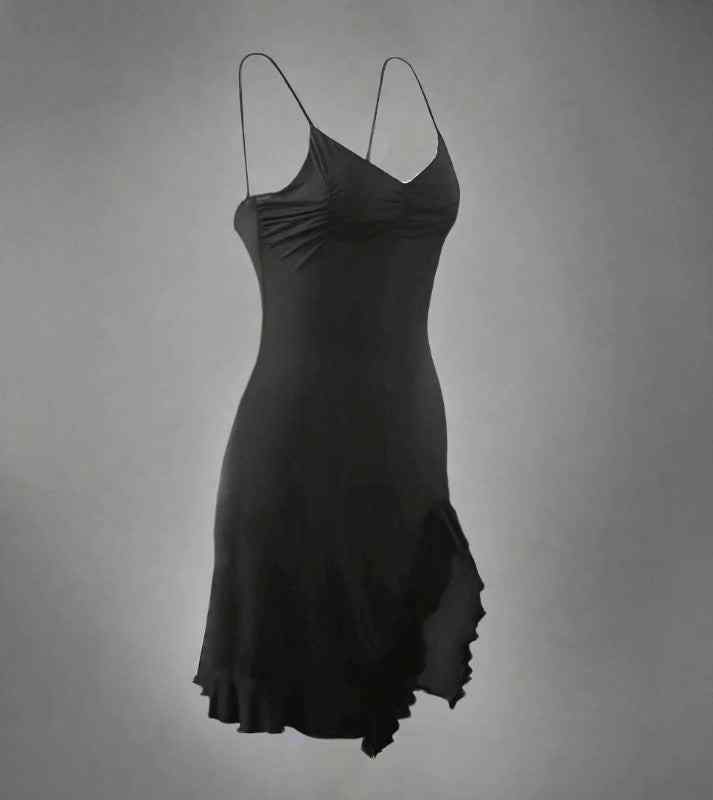Black dress with thin straps on a gray background
