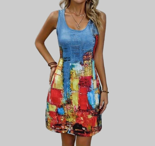 Woman wearing a colorful dress with abstract pattern on a plain background
