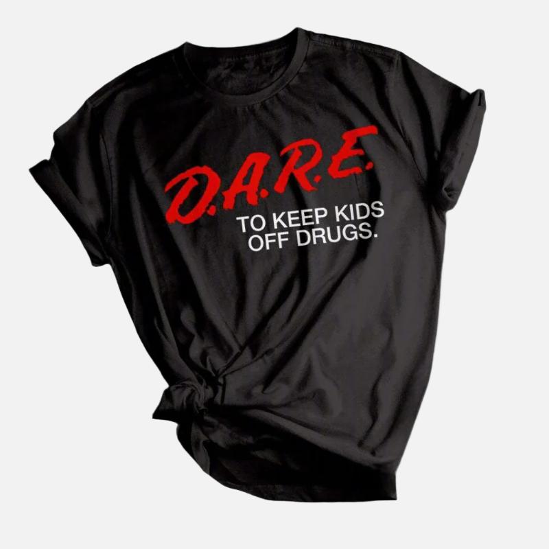 Black t-shirt with red and white text on a white background