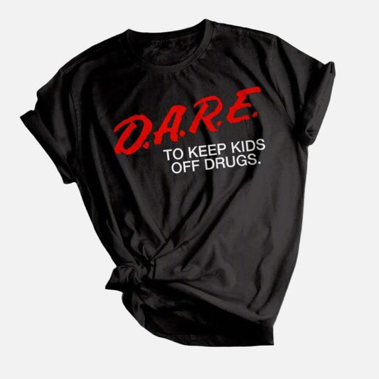 Black t-shirt with red and white text on a white background