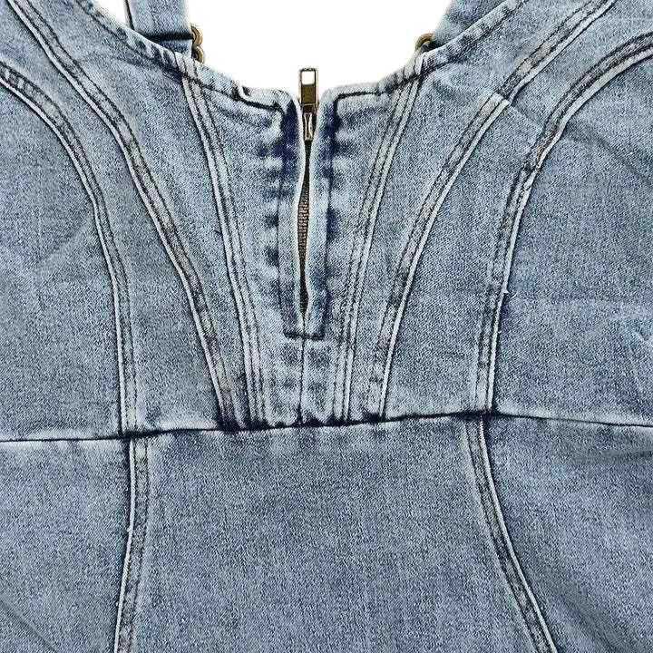 Close-up of a blue denim garment with a zipper detail.