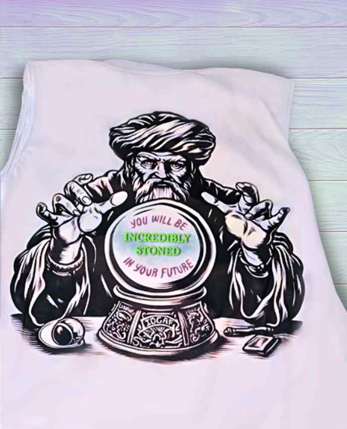 White tank top with a graphic of a wizard and crystal ball on a light wooden background