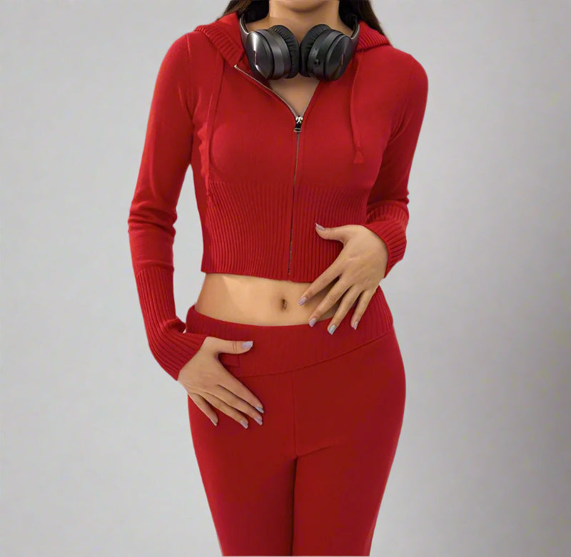Women's Zip-Up Sweater & High Waist Pants Set - Lunacy Deals & Designs