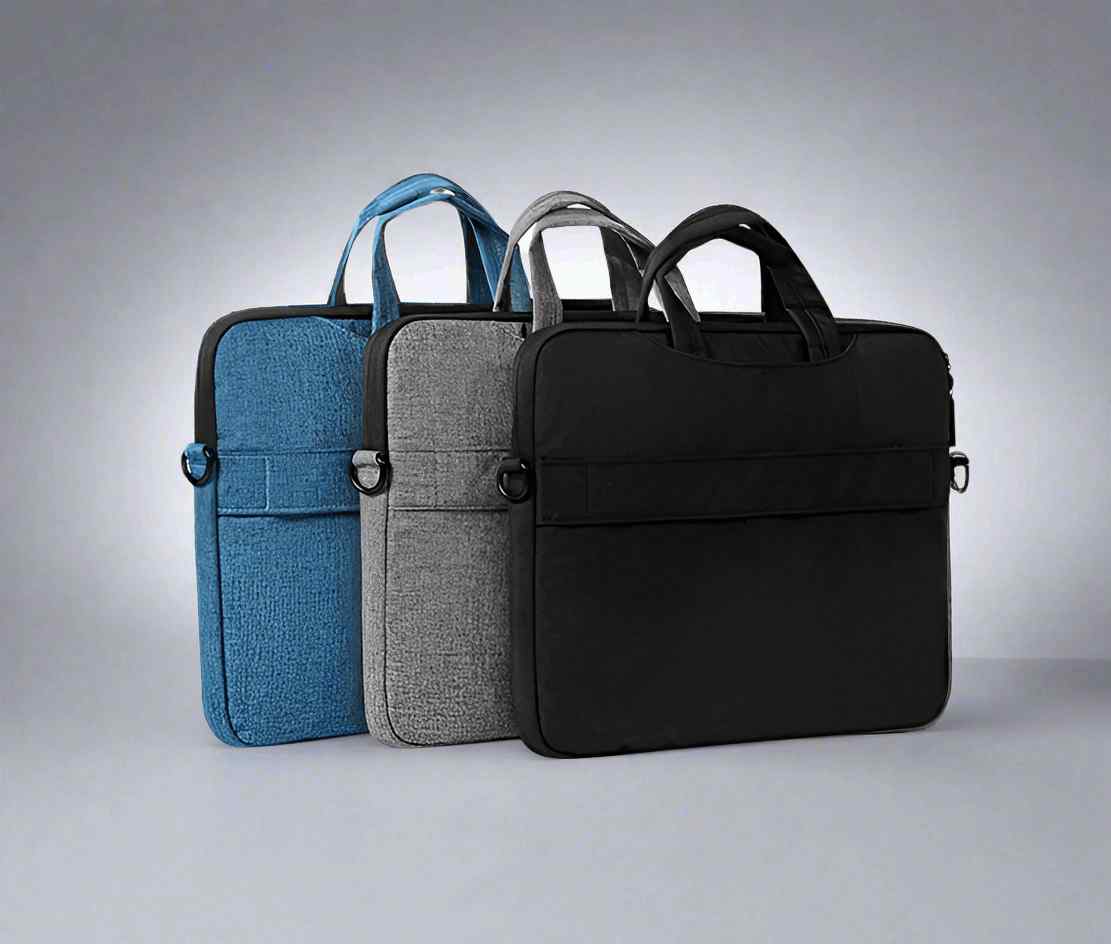 Three laptop bags in blue, gray, and black on a light gray background