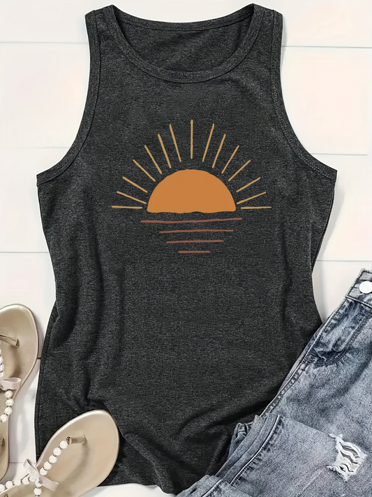 Dark gray tank top with a sunset graphic on a white background