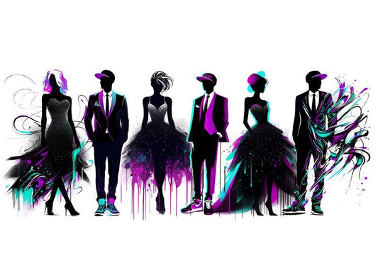 Fashionable silhouettes in suits and gowns, embellished with vibrant pink, teal, and purple splashes