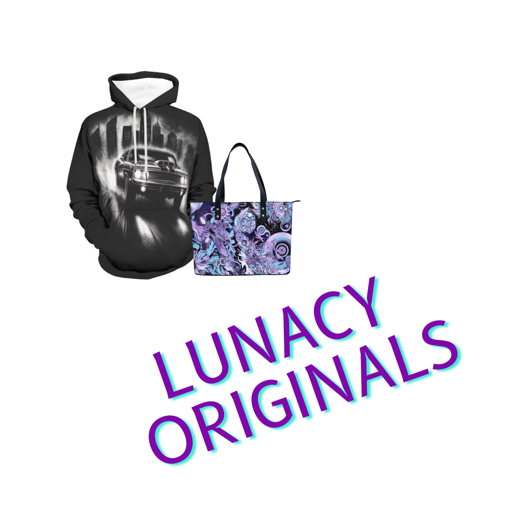 a black and white hoodie and blue and purple handbag with the words 'Lunacy Originals' underneath