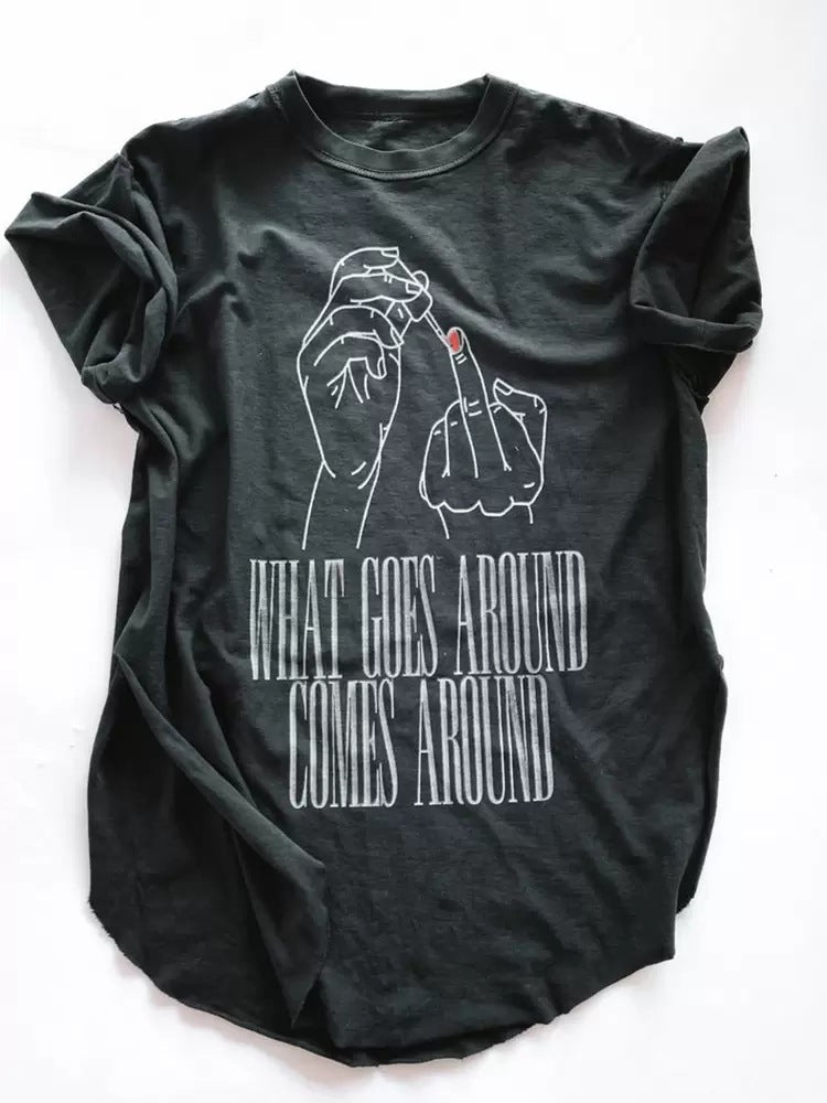 Black graphic t-shirt featuring line art hands with syringe and positive message for women