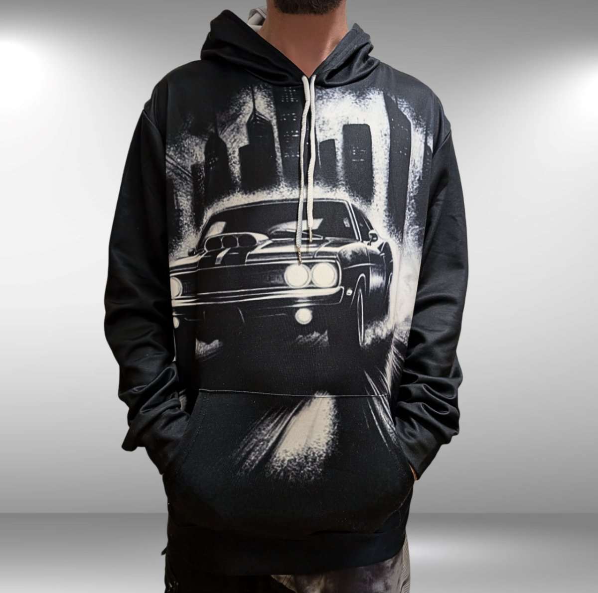 Man wearing a Lunacy Deals & Designs Hoodie