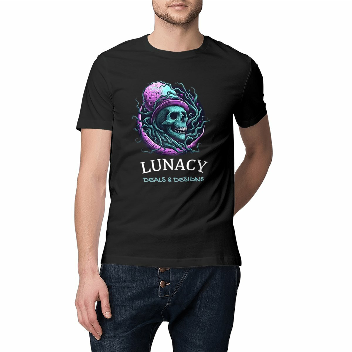 Man Wearing a Lunacy Deals & Designs T-Shirt