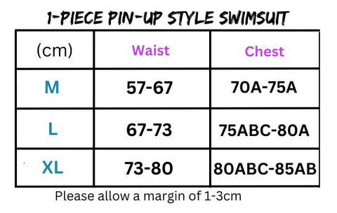 Swimsuit size chart featuring sophisticated one-piece features and wide shoulder straps for women’s 1-piece pin-up style