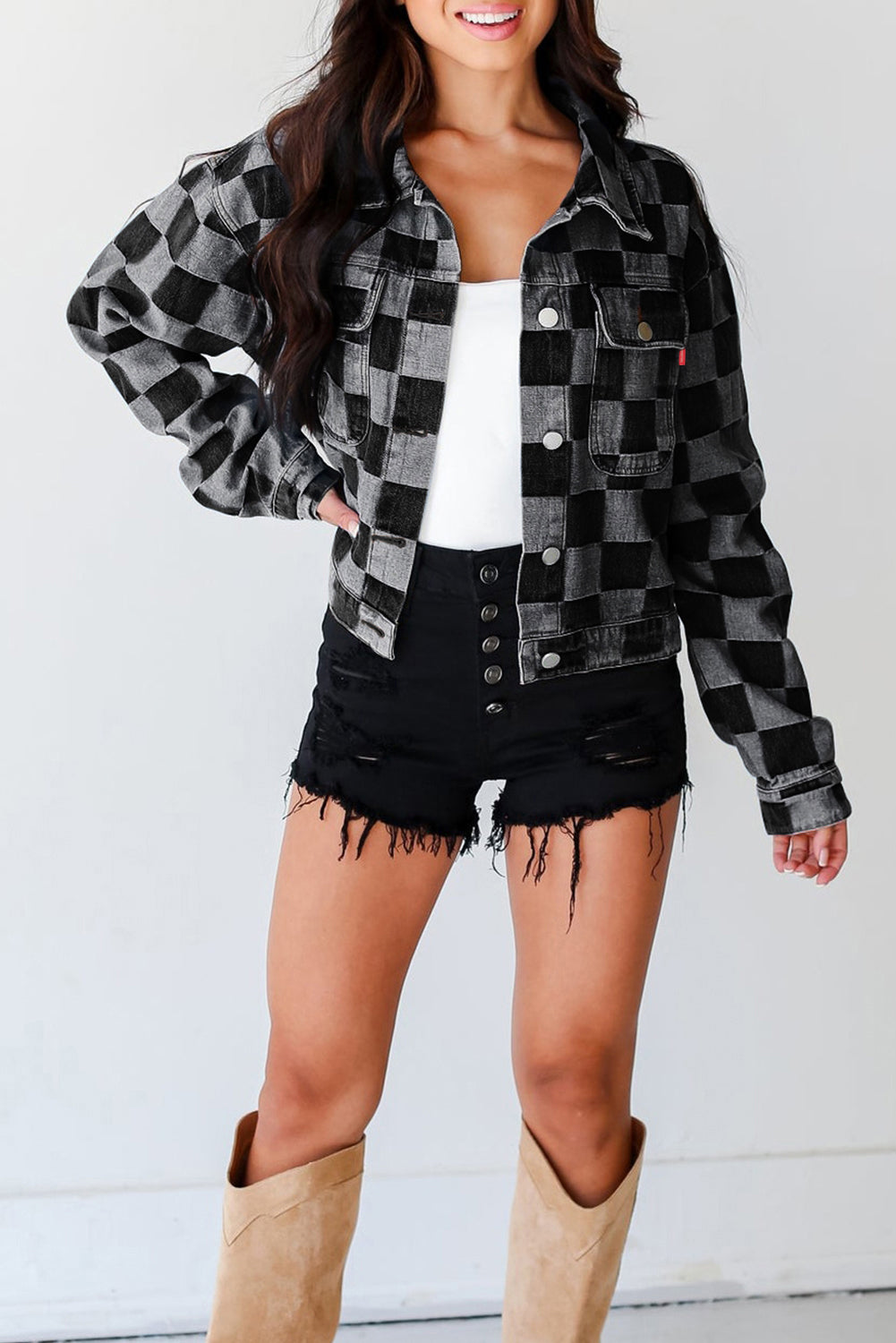 Women's Checkered Button Up Denim Jacket