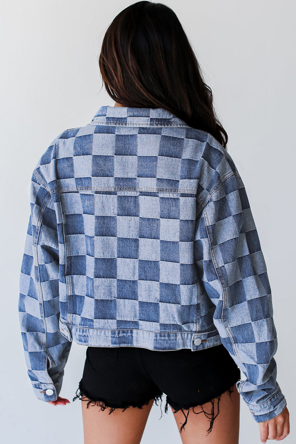 Women's Checkered Button Up Denim Jacket