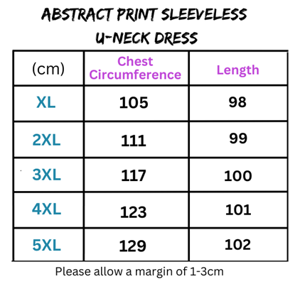Size chart for Abstract Print Sleeveless U-neck Dress featuring stunning bold mix print