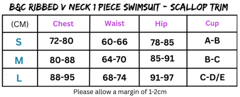 Swimsuit size chart for cream ribbed piece swimsuit with scallop trim and ribbed v neck