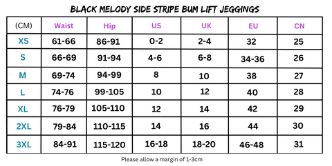 Black Melody Bum Lift Jeggings sizing chart for stylish activewear meets street fashion