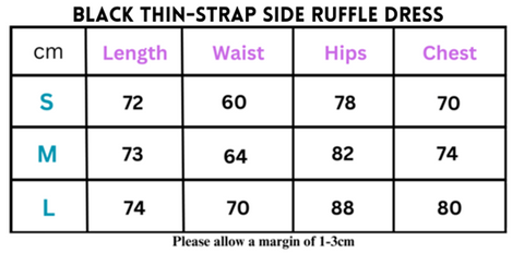 Size chart for Black Thin Strap Side Ruffle Mini Dress, perfect ruffle mini dress or black dress option