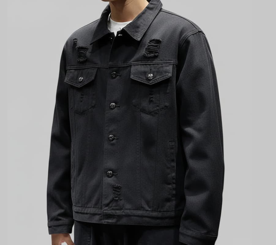Black distressed jacket worn by a person on a gray background