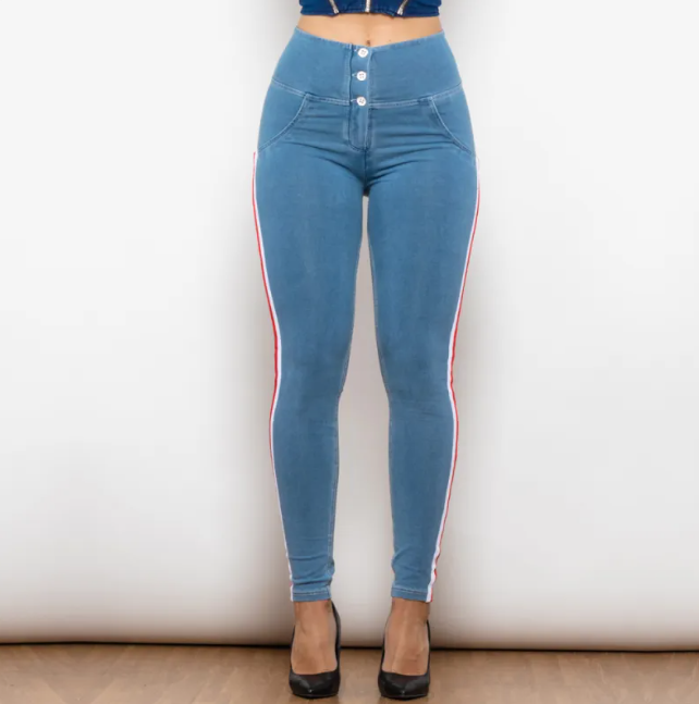 Blue jeans with white and red stripes on a plain background