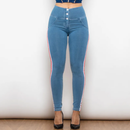 Blue jeans with white and red stripes on a plain background
