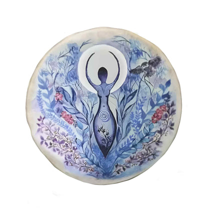 Decorative plate with a stylized figure surrounded by floral and nature elements on a white background
