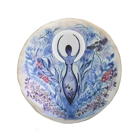 Decorative plate with a stylized figure surrounded by floral and nature elements on a white background