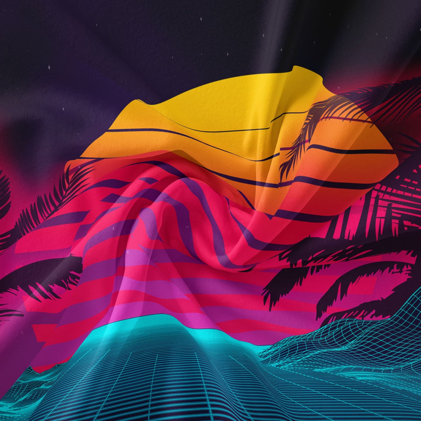 Colorful abstract design with wavy lines and geometric shapes on a dark background