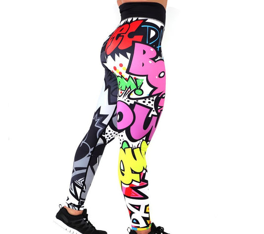 Colorful graphic leggings with vibrant designs on a white background