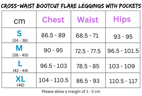 Clothing size chart for Women’s Cross-Waist Bootcut Athletic Flare Leggings
