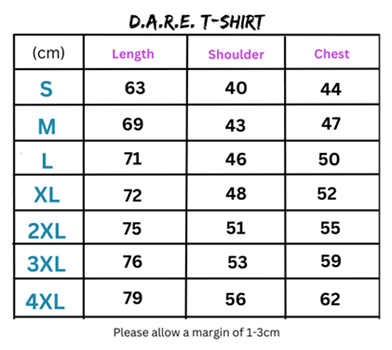 D.A.R.E. T-shirt size chart showcasing unique style clothing for Classic D.A.R.E. Crew Neck shirts