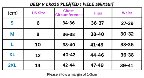 Swimsuit size chart for Deep V Cross Pleated One-Piece Swimsuit with cross pleated features