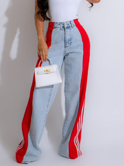 Women's Striped High Waist Straight Leg Denim Pants