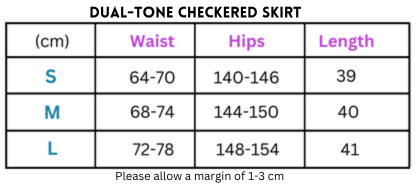 Size chart for Dual-Tone Short Checkered A-Line Skirt showing style points