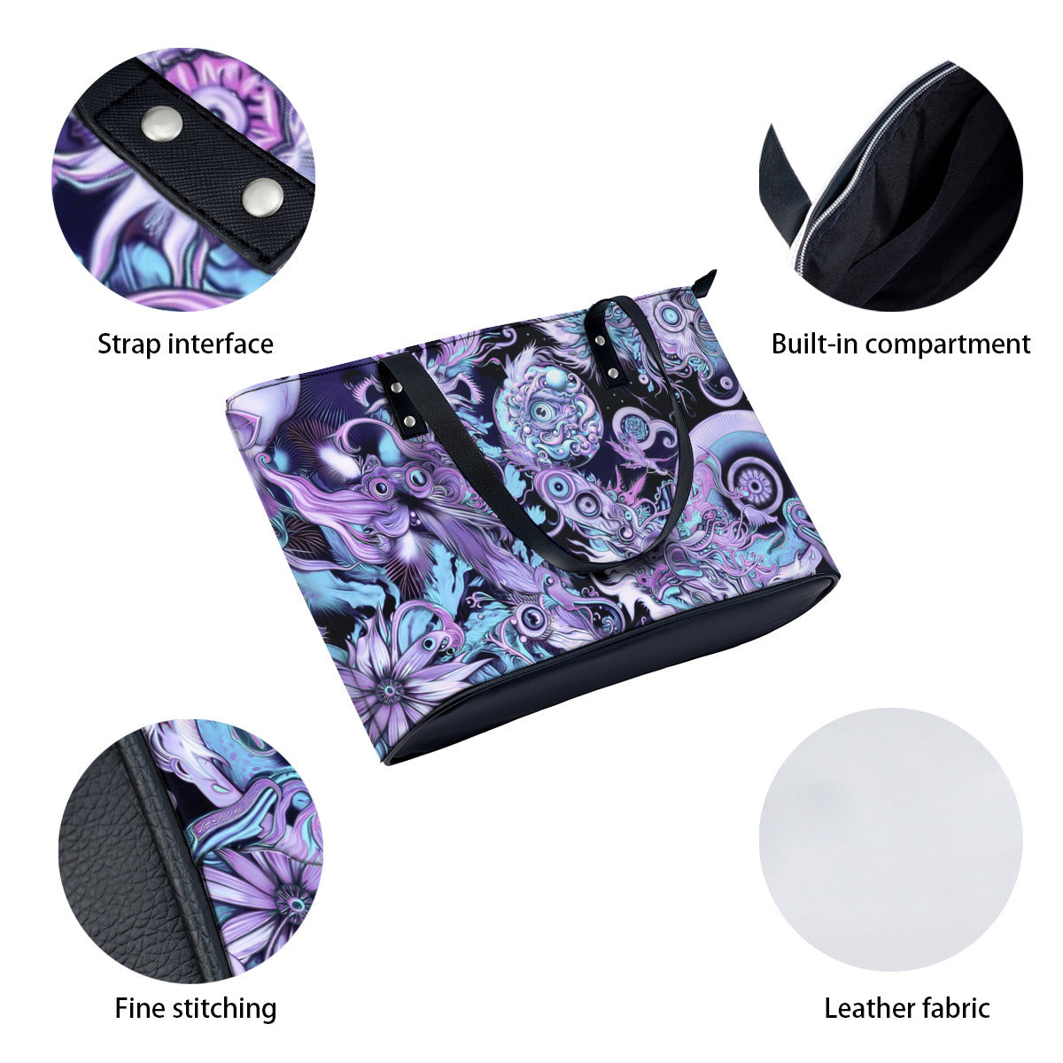 Purple floral patterned bag with close-up details on strap interface, built-in compartment, fine stitching, and leather fabric.