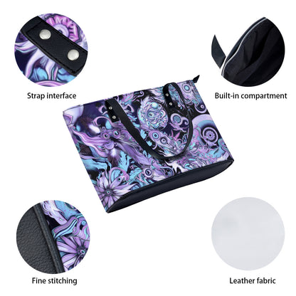 Purple floral patterned bag with close-up details on strap interface, built-in compartment, fine stitching, and leather fabric.