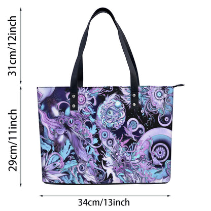 Tote bag with abstract design and measurements on a white background