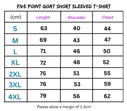 Size chart for Five Point Goat Crew Neck Short-Sleeved T-Shirt in various sizes